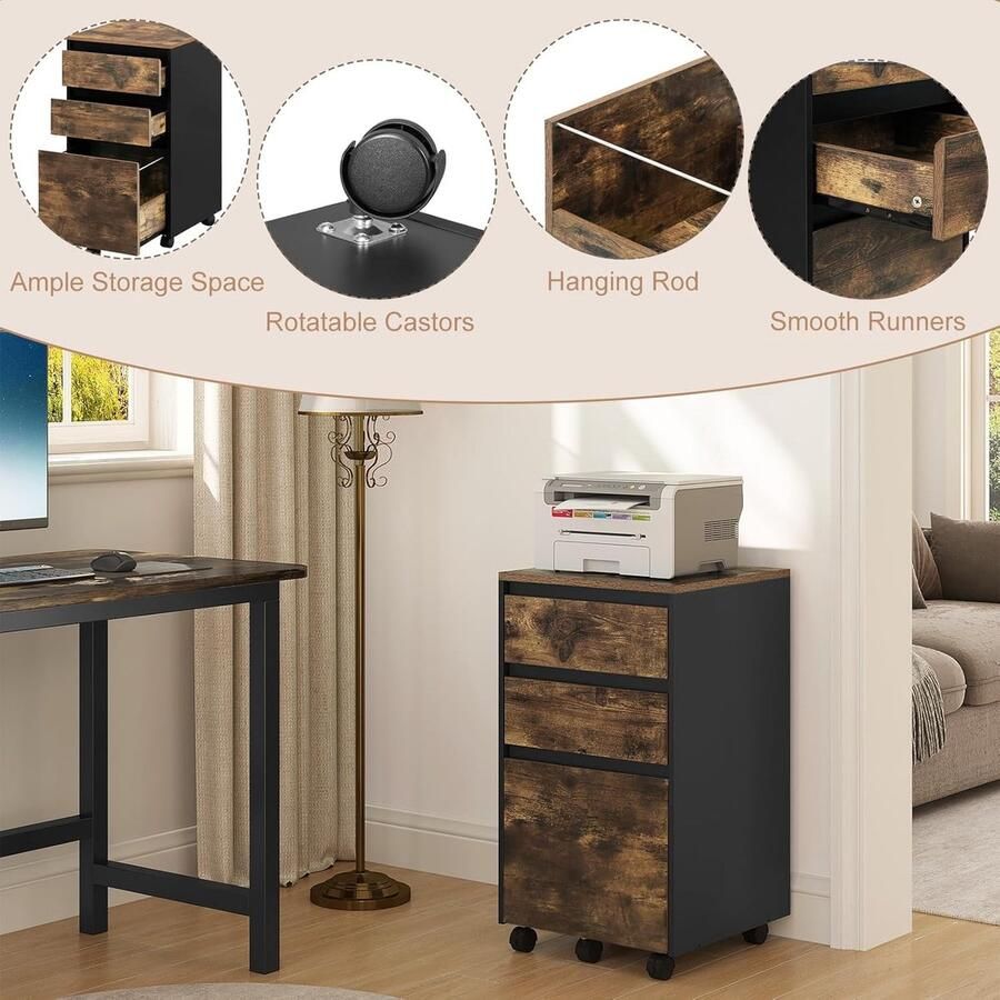 Mobiele archiefkast kast voor ordners opbergkast voor kantoor kantoorkast met wielen rolcontainer met 3 laden donker eiken zwart 40 x 70 x 40 cm