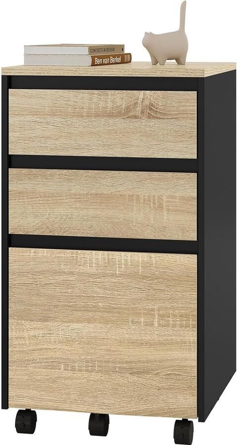 Mobiele archiefkast kast voor ordners opbergkast voor kantoor kantoorkast met wielen rolcontainer met 3 laden licht eiken zwart 40 x 70 x 40 cm