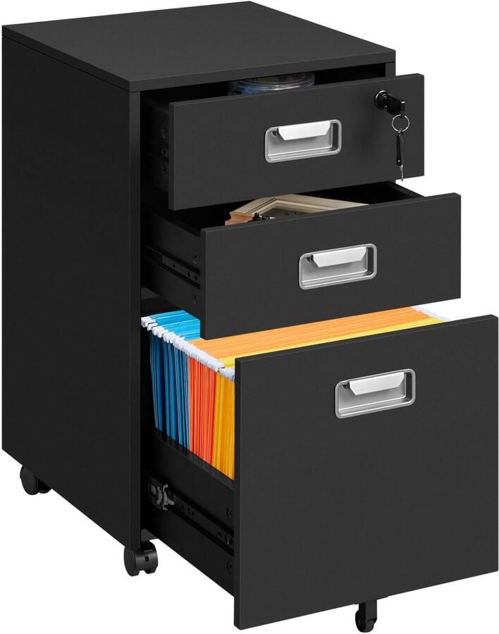 Mobiele archiefkast met 3 laden en hangmappen kantoorkast voor kantoor woonkamer werkkamer zwart