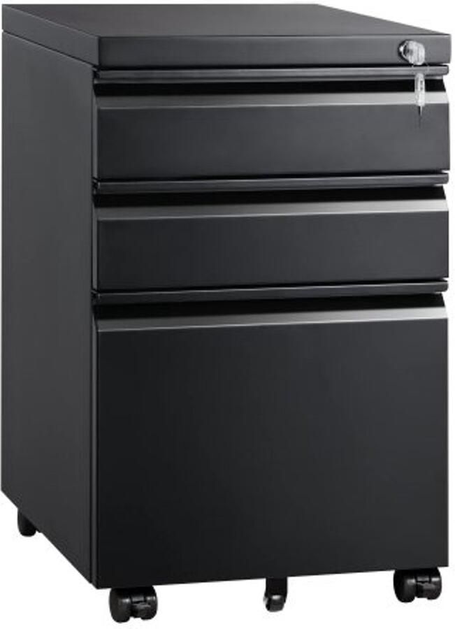 Mobiele archiefkast met 3 laden en slot Metalen archiefdozen voor thuiskantoororganisatie Letter Legal en A4 zwart H60 cm × B37 3 cm × D44 cm