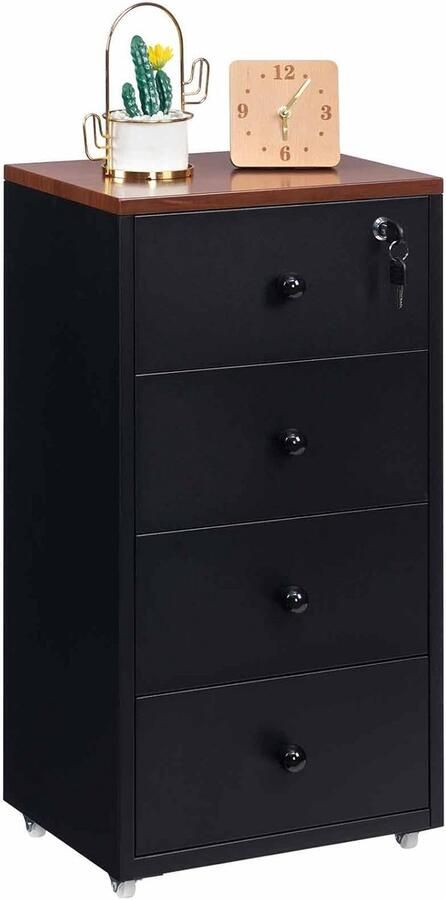 Mobiele Archiefkast met 4 Laden – Afsluitbare Metalen Opbergkast op Wieltjes A4-formaat Zwart