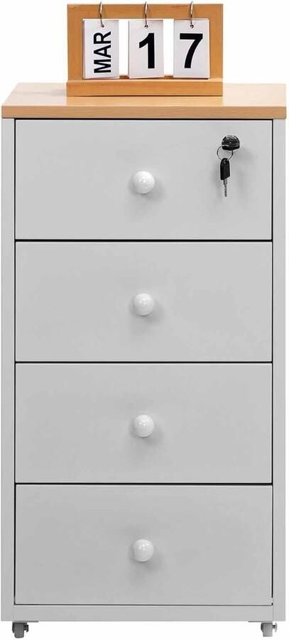 Mobiele Archiefkast met 4 Laden – Metalen Opbergkast op Wielen Afsluitbaar A4-Formaat Wit