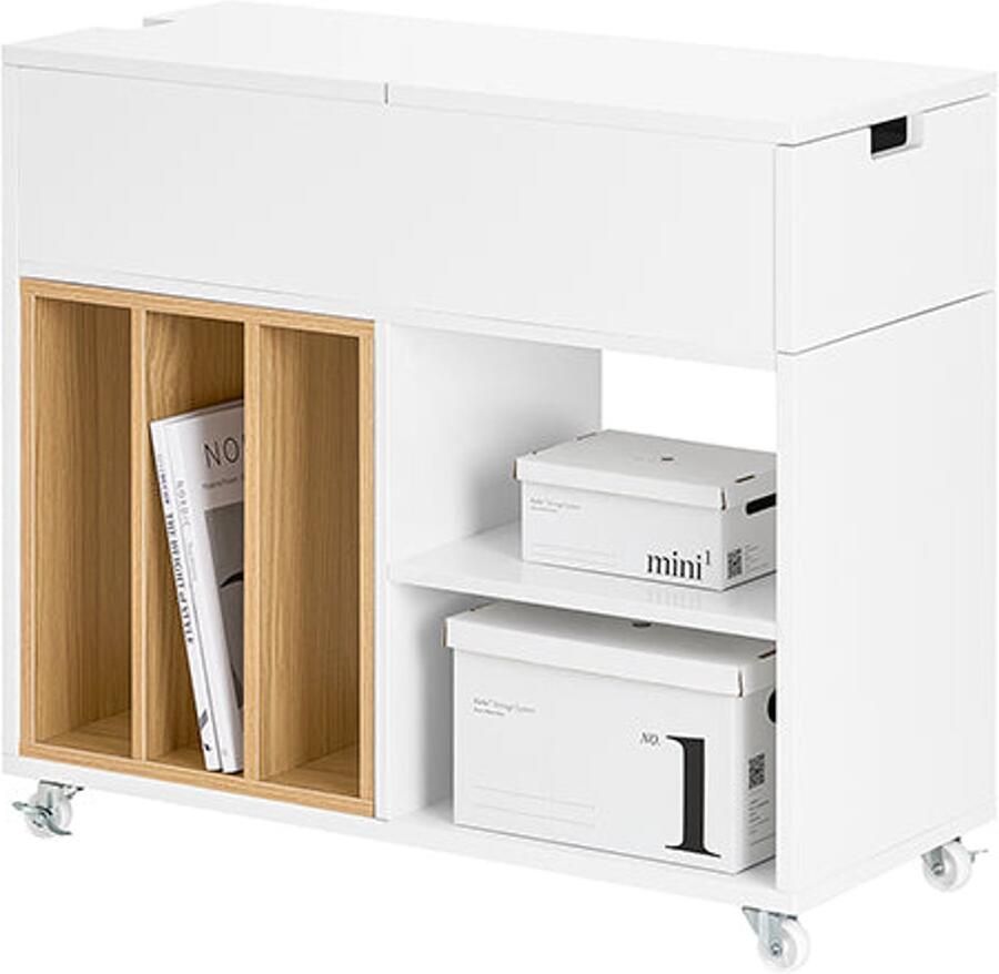 Mobiele archiveringskast Opslageenheid Organisator Moeilijke mobiliteit 30x61x70cm Pb MDF Lade & Door Natural Bookshelf