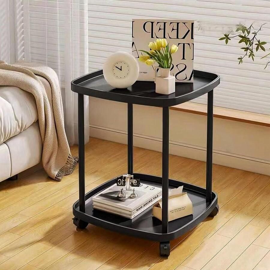 Bijzettafel met wieltjes en opbergrek 2-traps 425 x 425 x 545 cm voor woonkamer slaapkamer balkon terras