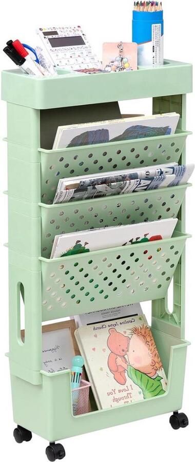 Mobiele boekenplank met wielen slanke boekenkast 5 niveaus hout