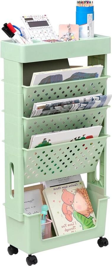 Mobiele boekenplank met wielen slanke boekenkast 5 niveaus zwart hout