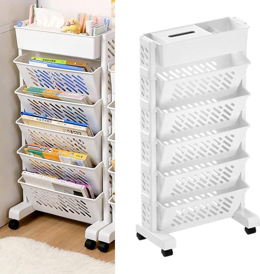 Mobiele draaibare boekenkast op wielen van kunststof compact en stabiel 6 lagen