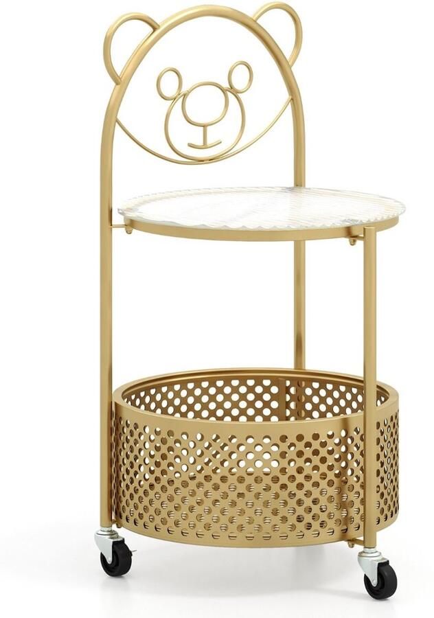 Mobiele glazen salontafel – Ronde 2-laags bijzettafel met Bear Design mand en wielen goud