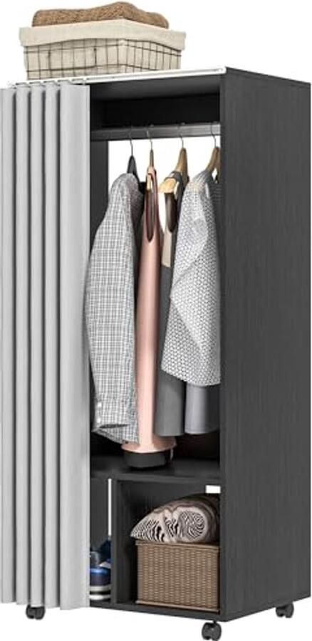 Mobiele Kledingkast met Gordijn en Wielen voor Slaapkamer 60 x 40 x 128 cm Zwart