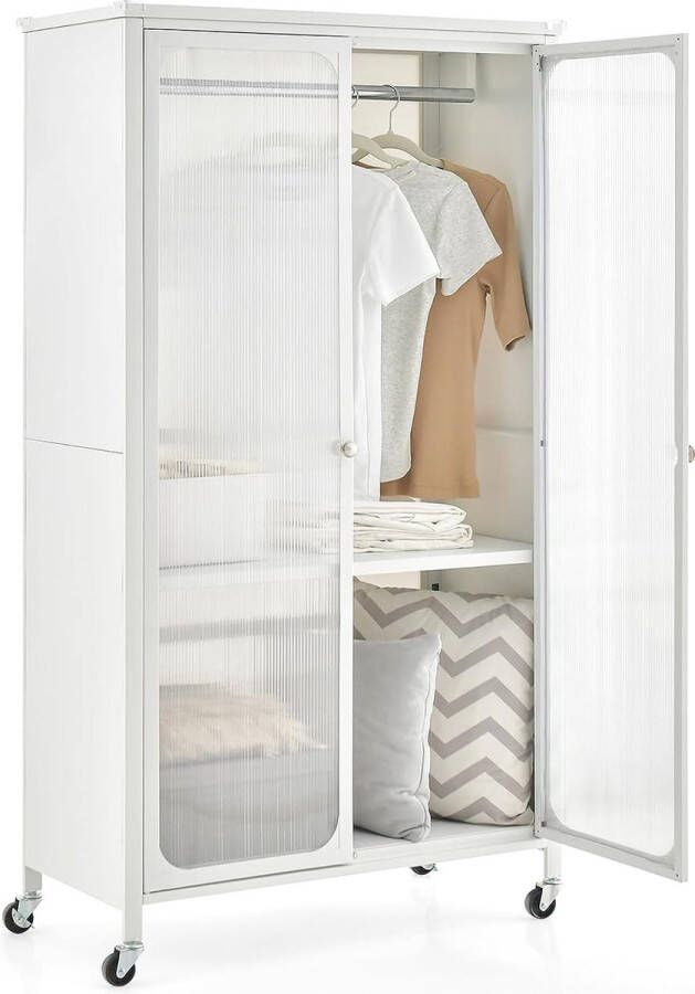 Mobiele kledingkast met hangstang en verstelbaar rek garderobekast van metaal met 2 afsluitbare wielen en doorzichtige kastdeuren voor slaapkamer wit