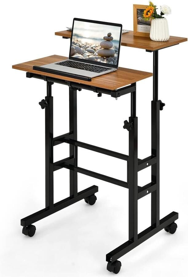 Mobiele Laptoptafel met Wieltjes – In Hoogte Verstelbaar Bureau voor Thuis en Kantoor Bruin