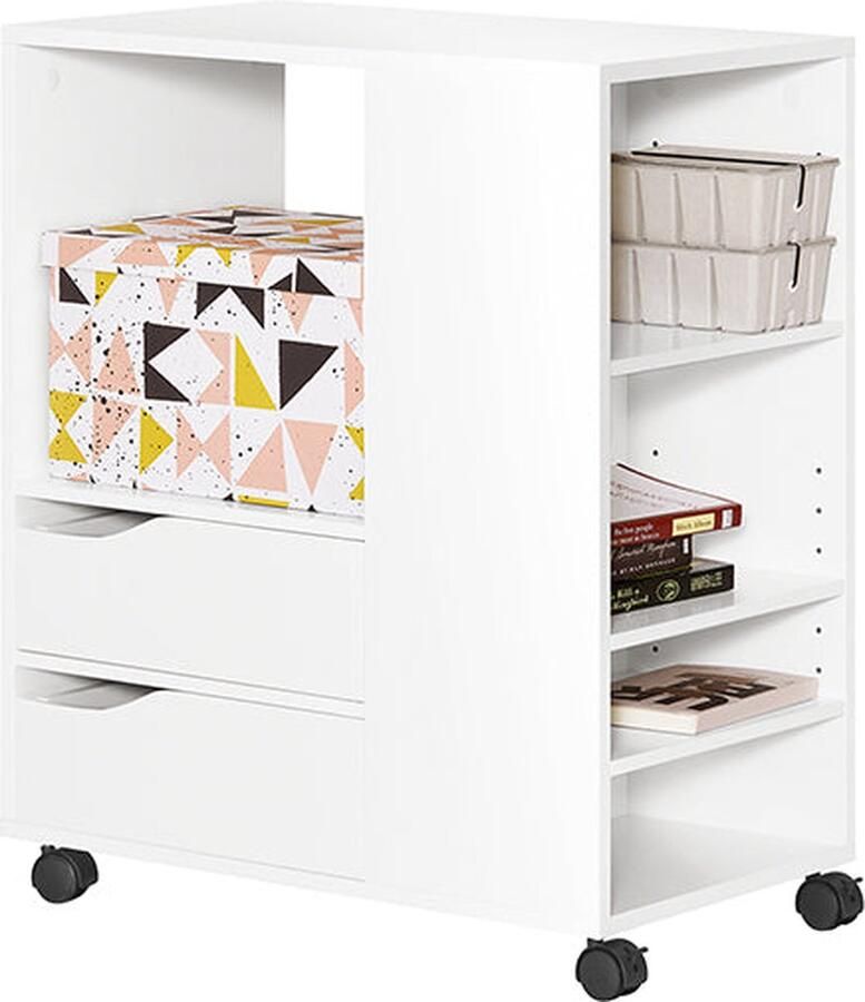 Rootz Living Rootz Mobiele Printertafel Archiefwagen Bijzettafel Verstelbare opbergplanken Afsluitbare wielen Eenvoudige montage Wit MDF 60 cm x 71 cm x 35 cm