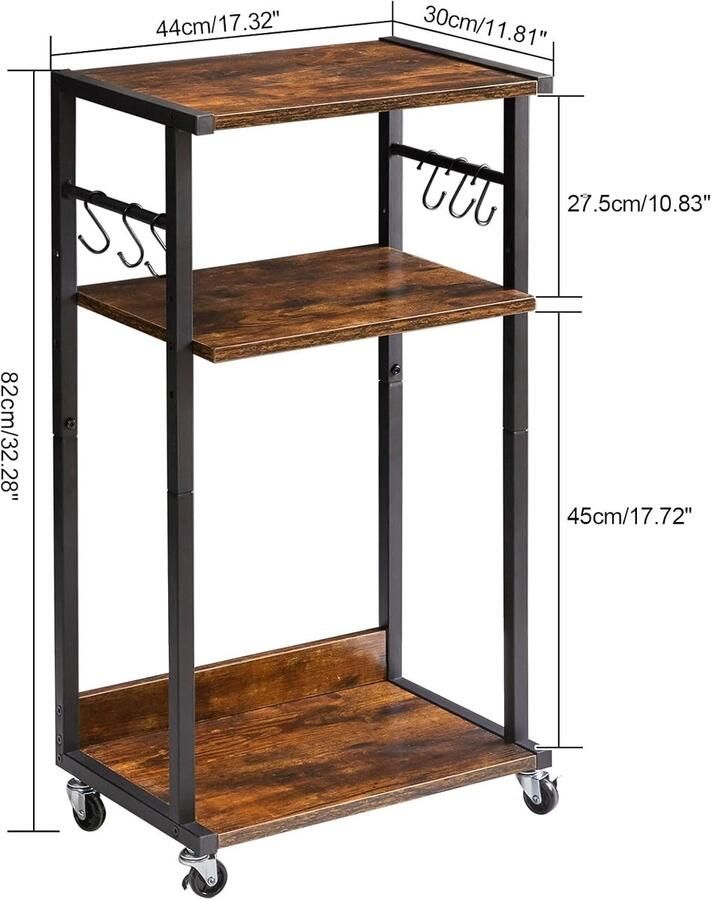 Mobiele printertafel printerkar 3 planken in hoogte verstelbare printerstandaard met wielen 6 haken voor kantoor fax kopieerapparaat scanner papierversnipperaar 44×30×82CM Rustiek Bruin