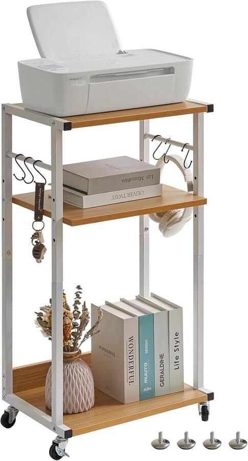 Mobiele printertafel printerwagen 3 planken in hoogte verstelbare printerstandaard met wieltjes 6 haken voor kantoor fax kopieerapparaat scanner hakmolen 44 x 30 x 82 cm natuurlijke