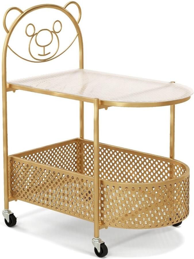 Mobiele salontafel – 2-laags glazen bijzettafel met opbergmand (berenmotief) wit goud wielen