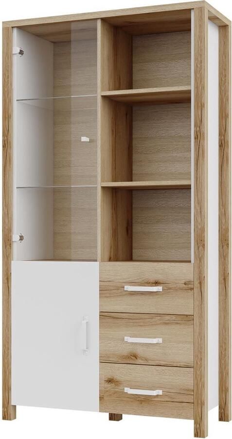 Mobistoxx Hoge commode OLIANNE 3 deuren 3 lades natuurlijke eik wit