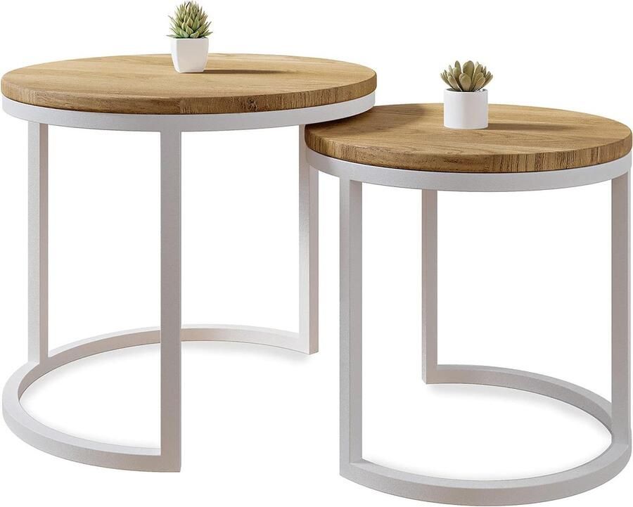 Modena set van 2 salontafels handgemaakt modern design 2 stuks massief eikenhout ronde tafels Ø50x43 cm Ø40x38 cm