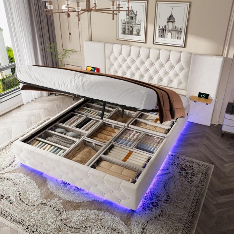 Re-purelife Luxe 160x200 Bedframe met Opbergruimte LED Verlichting USB Hydraulisch Systeem en Hoofdbord – Tweepersoonsbed Modern Comfortabel Bedframe voor Slaapkamer – Designbed Velvet Bed – Beige zonder Matras - Foto 2