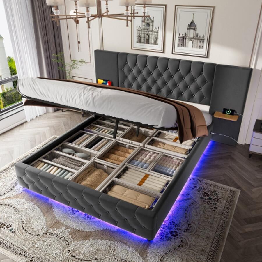 Modern 160 x 200 cm bedframe met een breed hoofdeinde LED-licht USB-verbinding hydraulisch hefsysteem en grote opbergruimte onder bed-ideaal voor slaapkamers en comfortabele slaap grijs