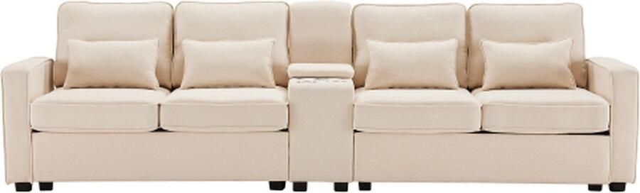 Zonder merk Gotagee Modern 4 Zitsbank Van Beige Linnenstof Met Console 2 Bekerhouders 2 USB Poorten Voor Opladen Met Kabel Met Armleuningzakken En 4 Kussens Eenvoudige Bank Woonkamerbank Appartementbank Kantoorbank