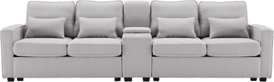 Zonder merk Gotagee Modern 4 Zitsbank Van Grijs Linnenstof Met Console 2 Bekerhouders 2 USB Poorten Voor Opladen Met Kabel Met Armleuningzakken En 4 Kussens Eenvoudige Bank Woonkamerbank Appartementbank Kantoorbank