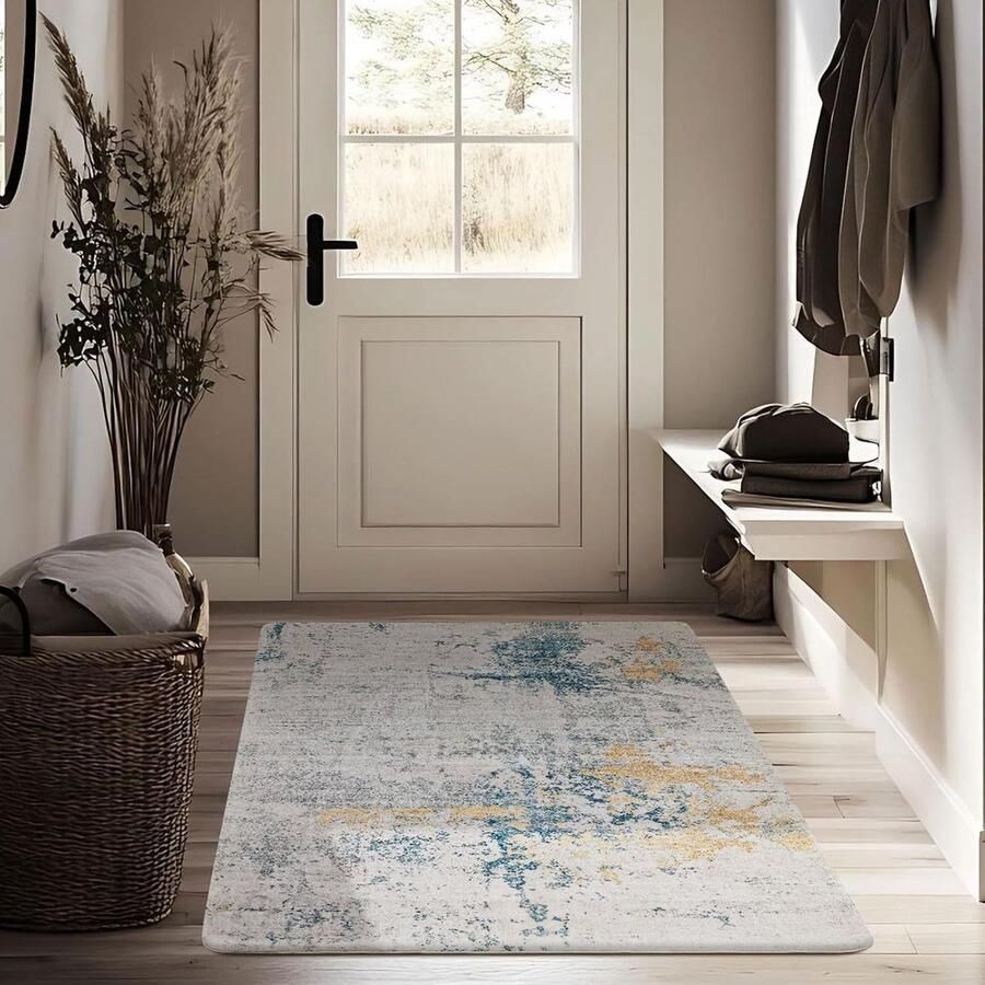 Modern abstract vloerkleed antislip en zacht 80 x 120 cm grijs blauw goud