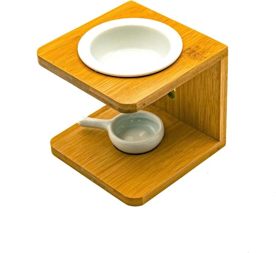 Modern Aroma Lamp with Wooden Frame and Ceramic Bowl 11 cm High 12 cm Wide