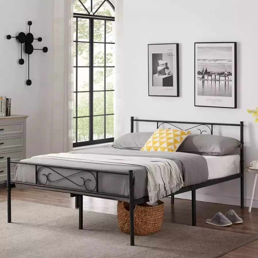 Loft Home Modern Bed Frame 2-Persoons 140x200CM Tweepersoonsbed Slaapkamer Met hoofdeinde Interieur Metaal Voor de slaapkamer Zwart