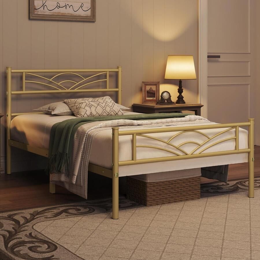 Bedframe van metaal modern tienerbed met lattenbodem voor slaapkamer logeerkamer 90 x 190 cm antiek goud