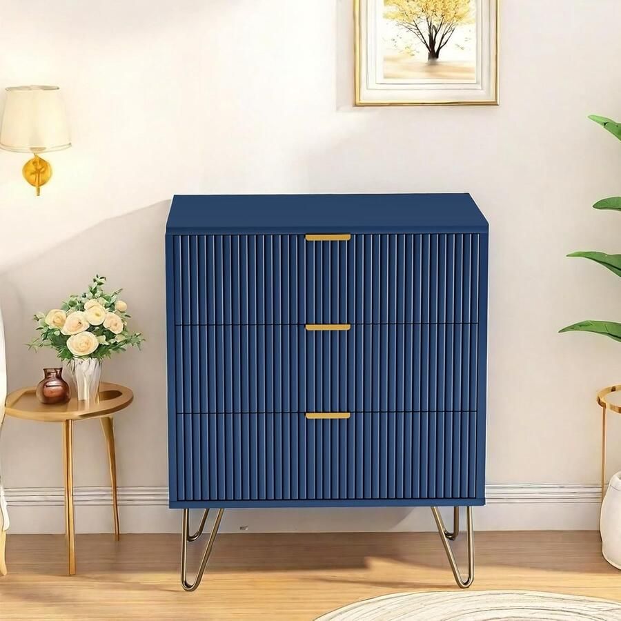 Modern Blauw Dressoir met 3 Lades – Ladekast met Gouden Handgrepen en Poten Stijlvol voor Slaapkamer of Woonkamer