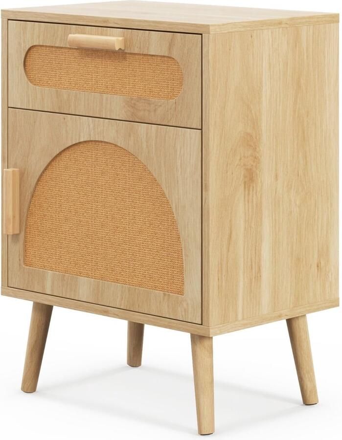 Modern boheems nachtkastje – Met rotan lade opbergdeur en massief houten poten