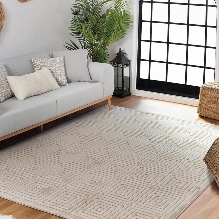 Modern Boho Vloerkleed voor slaapkamer Geometrisch Patroon Zacht Scandinavisch Tapijt Oosters 120x170cm Groot Tapijt Beige