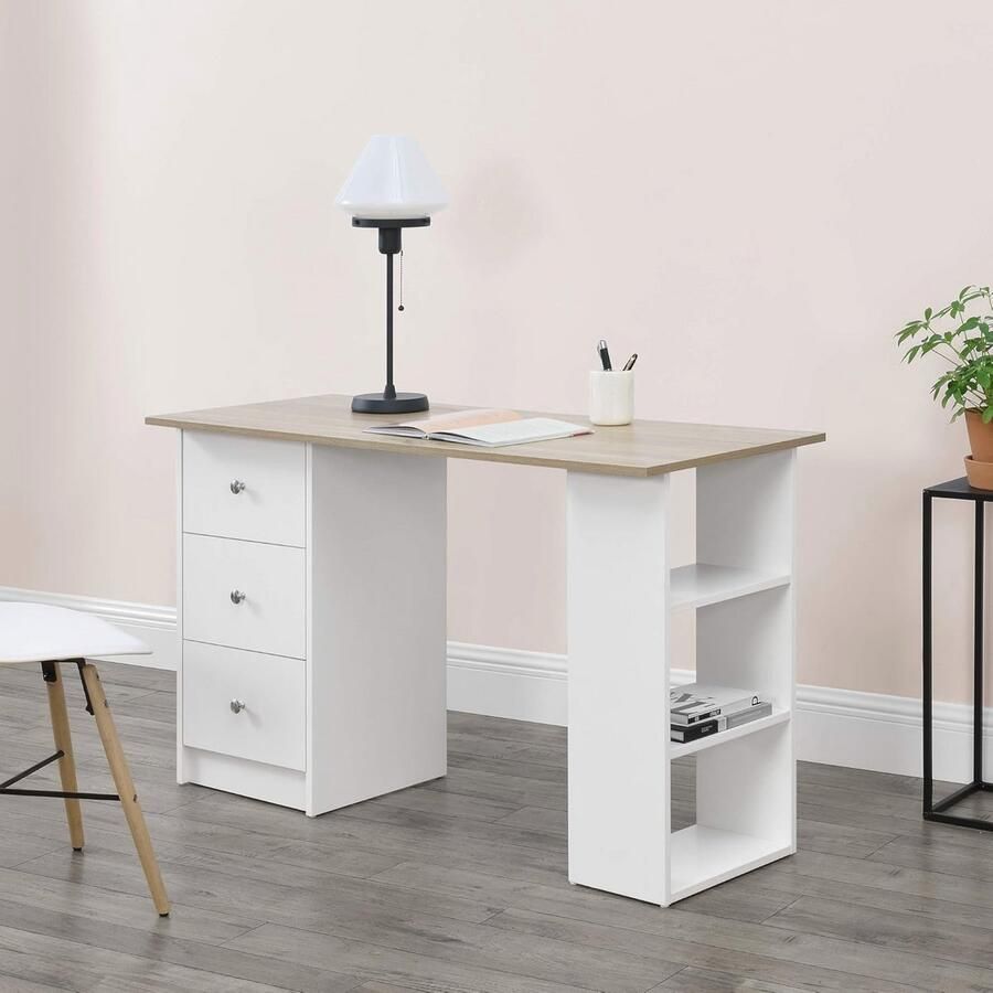 Modern Bureau met 3 Laden en Vakken 120x49x72 cm Wit en Eiken