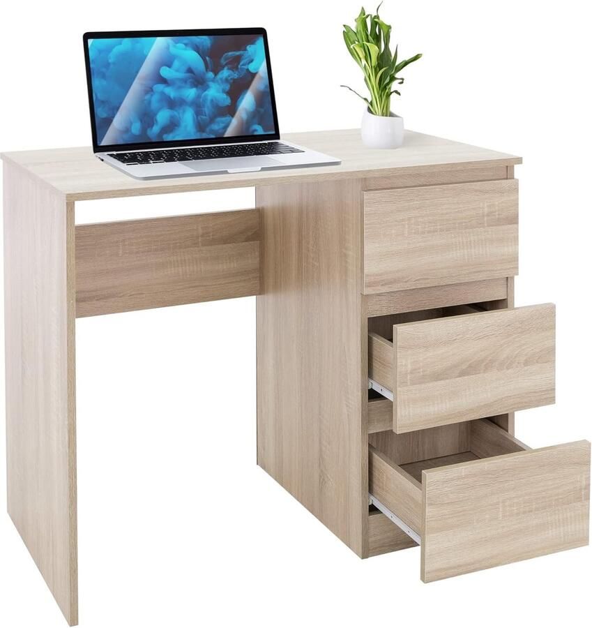 Modern Bureau met 3 Lades 90x76 cm Veel Bergruimte en Werkoppervlak voor Thuis en Kantoor