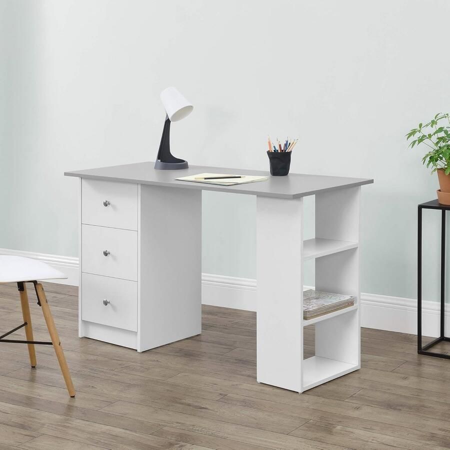 Modern Bureau met 3 Lades en Vakken 120x49x72 cm in Wit en Lichtgrijs