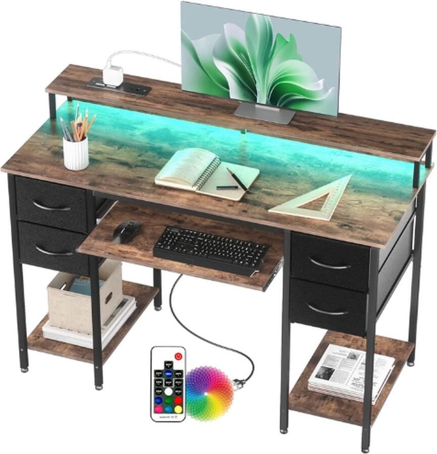Modern Bureau Stopcontacten LED 120x50cm Gaming Computertafel Toetsenbordlade 4 Omkeerbare Lades Grote Opbergruimte Boekenplank Werkstation Voor Studie Speel Werk Slaap Kamer Thuis Kantoor