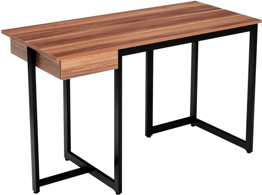 Modern Computerbureau 120x55 cm Kantoorwerkstation met Lade Metalen Frame en Verstelbare Voetsteun Walnoot
