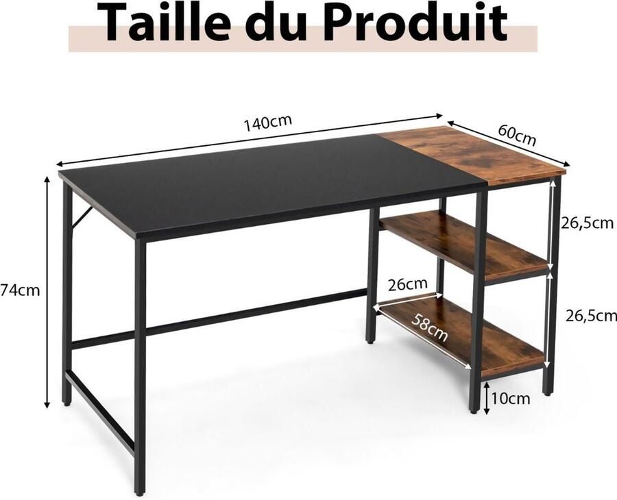 Modern Computerbureau 140 cm Groot Thuiskantoor met Twee Opbergplanken Stevig Stalen Frame Rustiek Bruin Zwart