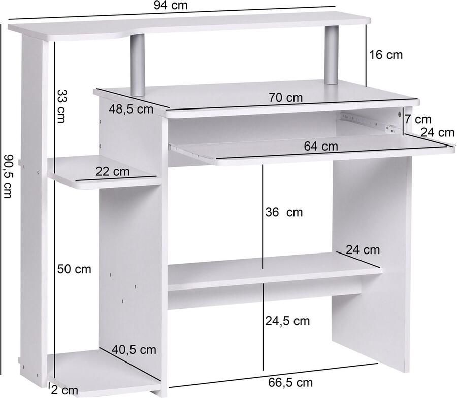 Rootz Living Rootz Modern computerbureau met pc-plank Thuiskantoor Tijdloos ontwerp Uittrekbaar toetsenbord Wit 94 cm x 90 5 cm x 48 5 cm Royaal werkblad Intelligente opbergmogelijkheden