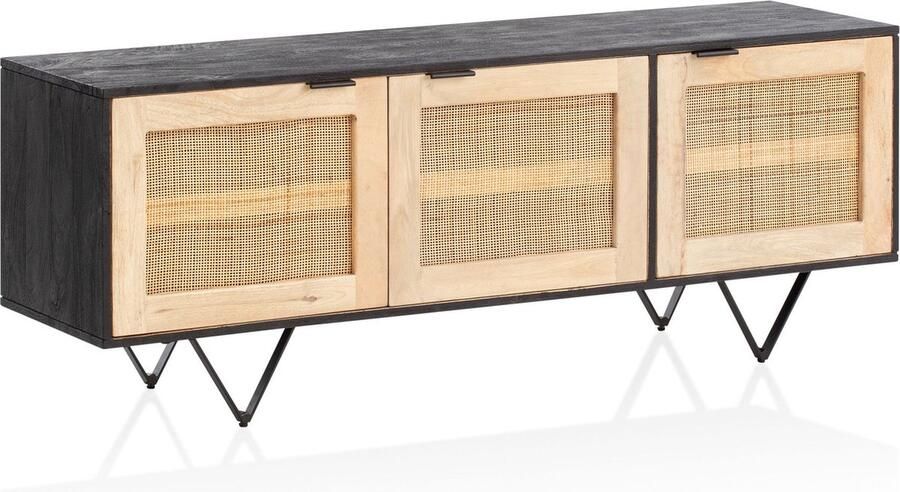Rootz Living Rootz Modern Design Dressoir Buffetkast Credenza Handgemaakt Massief mangohout V-vormige poten Canework Deurfronten 145 cm x 55 cm x 40 cm