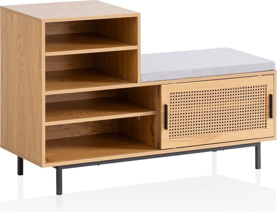 Rootz Living Rootz Modern Design Garderobebank Zitting met grijze stoffen bekleding Schuifdeuropslag Eiken afwerking Verstelbare planken 120 cm x 75 5 cm x 40 cm