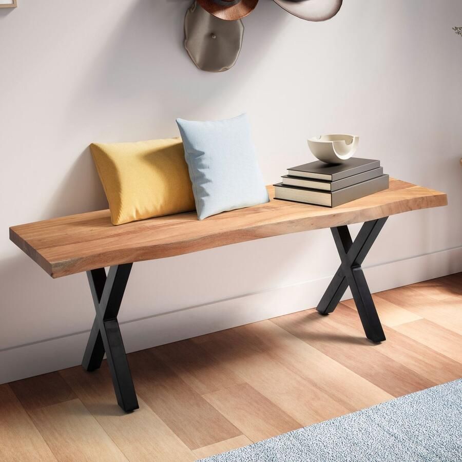 Modern Design Halbank Stevige entreestoel Boomranden Handgemaakt 120 cm x 40 cm x 45 5 cm Acaciahout Ijzeren poten