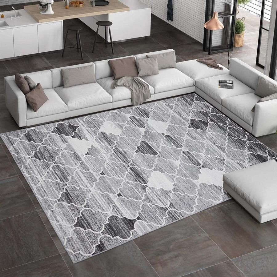 Modern design laagpolig vloerkleed voor woonkamer Antislip Wasbaar Geometrisch patroon Grijs 140 x 200 cm