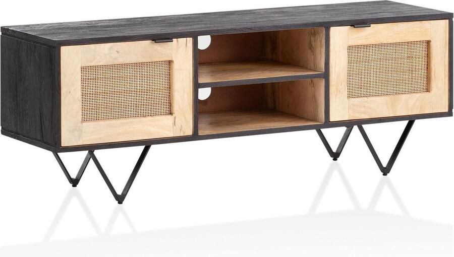 Rootz Living Rootz Modern Design TV-meubel Lowboard Mediaconsole Bruin en Zwart V-vormige poten Canework Deurfronten 120cm x 44cm x 35cm Mangohout Kabelgeleiding Handgemaakt Uniek Antislipknoppen 50kg laadvermogen