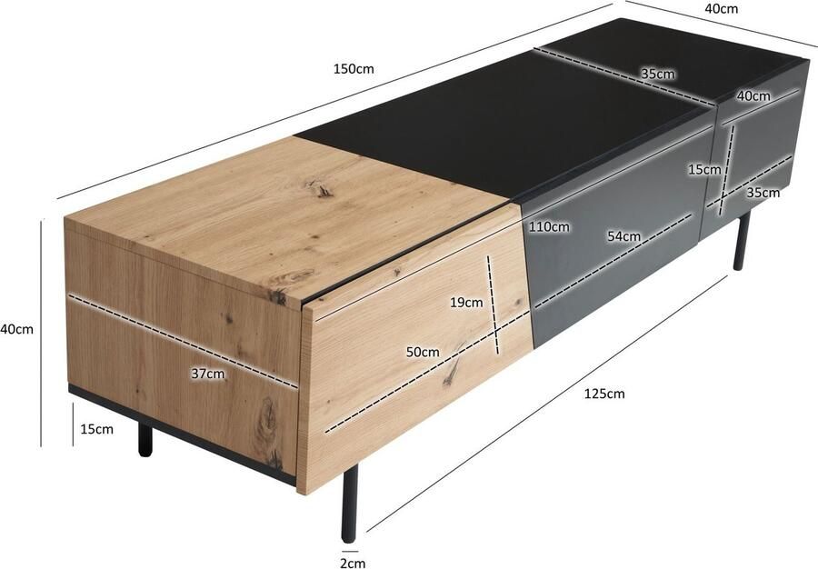 Rootz Living Rootz Modern Design TV-onderkast Lowboard Eiken decor Rechthoekige opbergruimte Ruime plank 150cm x 40cm x 40cm