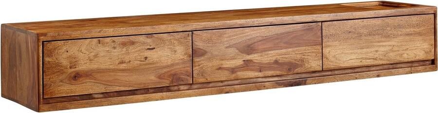 Rootz Living Rootz Modern Design TV-onderkast Lowboard Entertainmentcentrum Handgemaakt Sheeshamhout 160 cm x 25 cm x 35 cm Opbergruimte voor afstandsbediening Drie lades Ruime opbergruimte Bruine kleur Geschikt voor tv's tot 65 inch