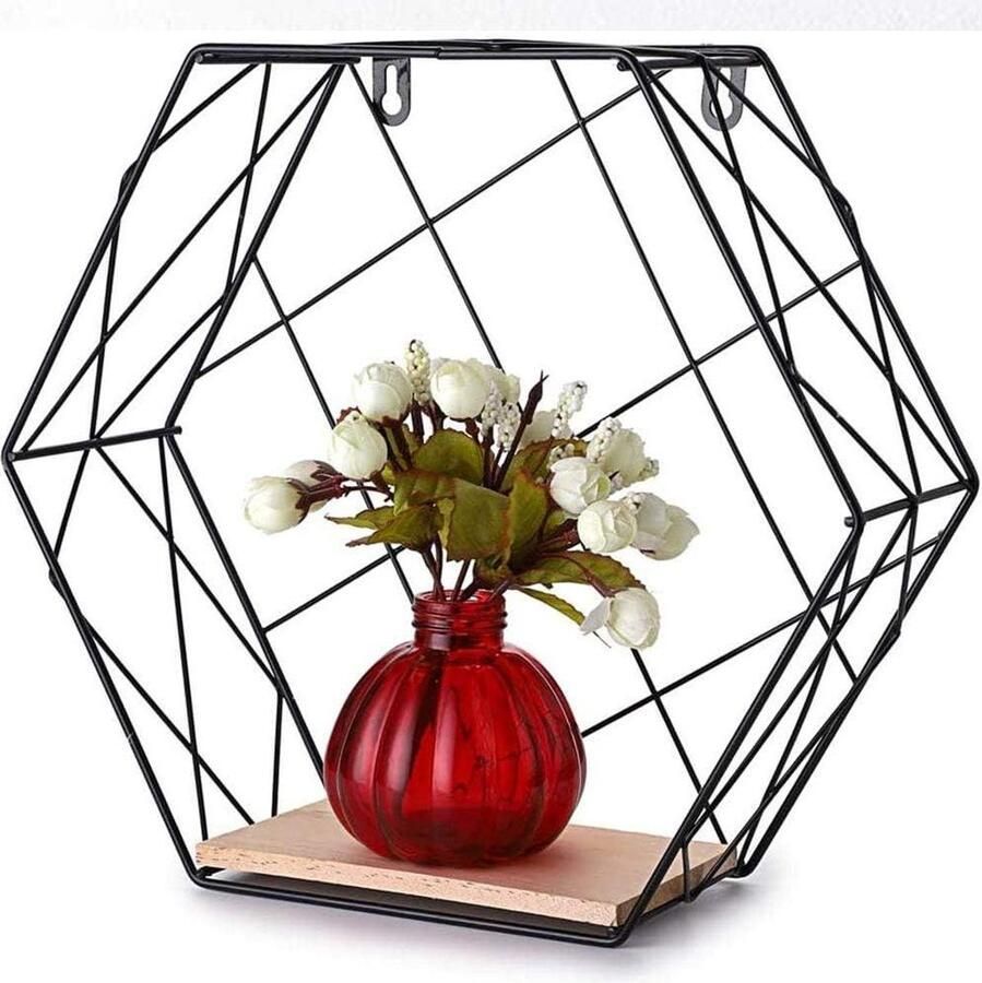 Modern design zeshoekig wandrek boekenkast zwart metaal MDF-hout 25 x 28 cm