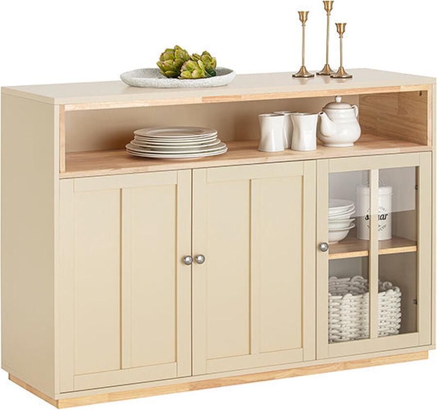 Rootz Living Rootz Modern Dressoir Keukenkast Halkast Dressoir MDF en rubberhout Ruime opbergruimte Stofvrije glazen deuren Veelzijdig ontwerp 120 cm x 85 cm x 40 cm