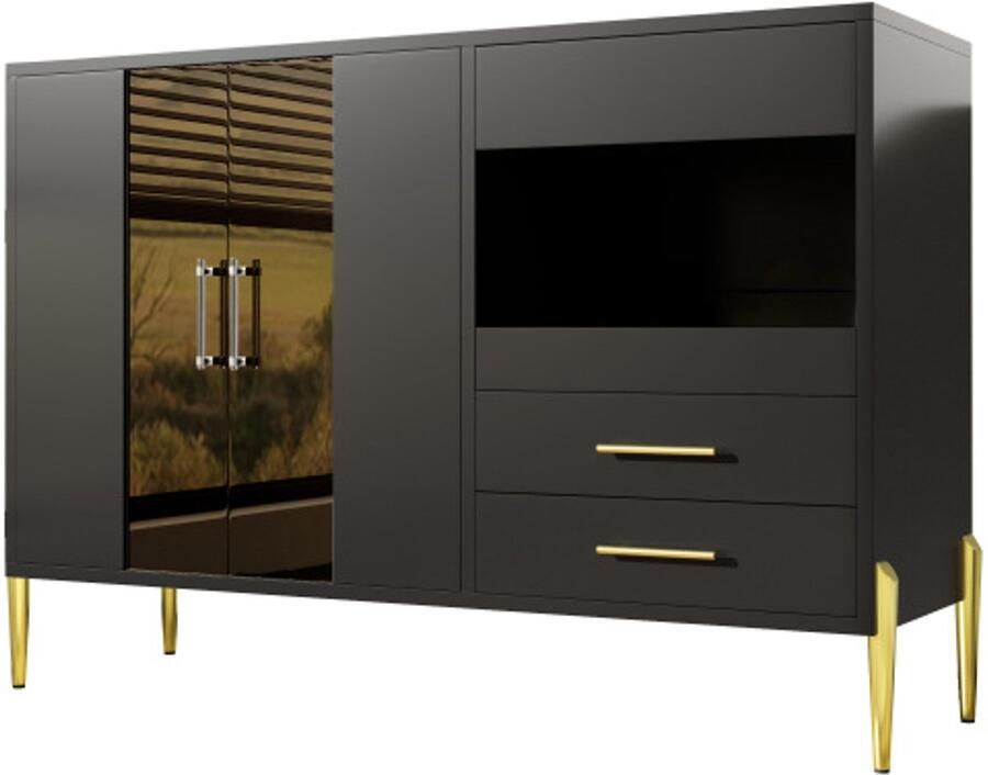 GOTAGEE Modern dressoir met blauwgroene glazen deur handgrepen van kristalacryl voor eetkamer en woonkamer poten van gegalvaniseerd goudkleurig ijzer zwarte behuizing