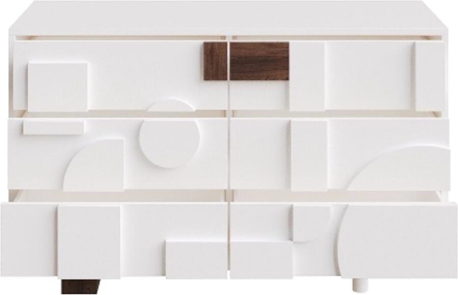 GOTAGEE Modern dressoir met geometrisch vormgegeven deuren greeploos laden met push-to-pop-functie geschikt voor eetkamer woonkamer poten van massief hout wit